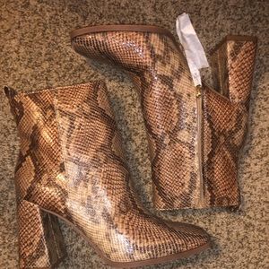 New dark brown snake print ankle booties with block heel
